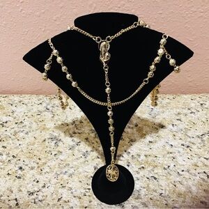 Cross Pendant Stainless Steel 28” Gold Color Necklace With Virgin Mary